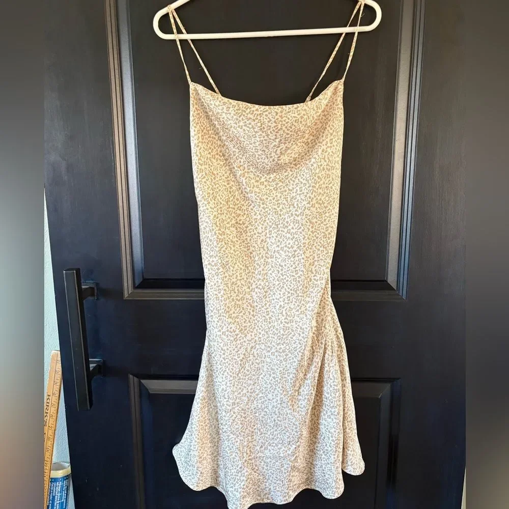 Abercrombie Midi Satin Slip Dress White Khaki Animal Print Medium
